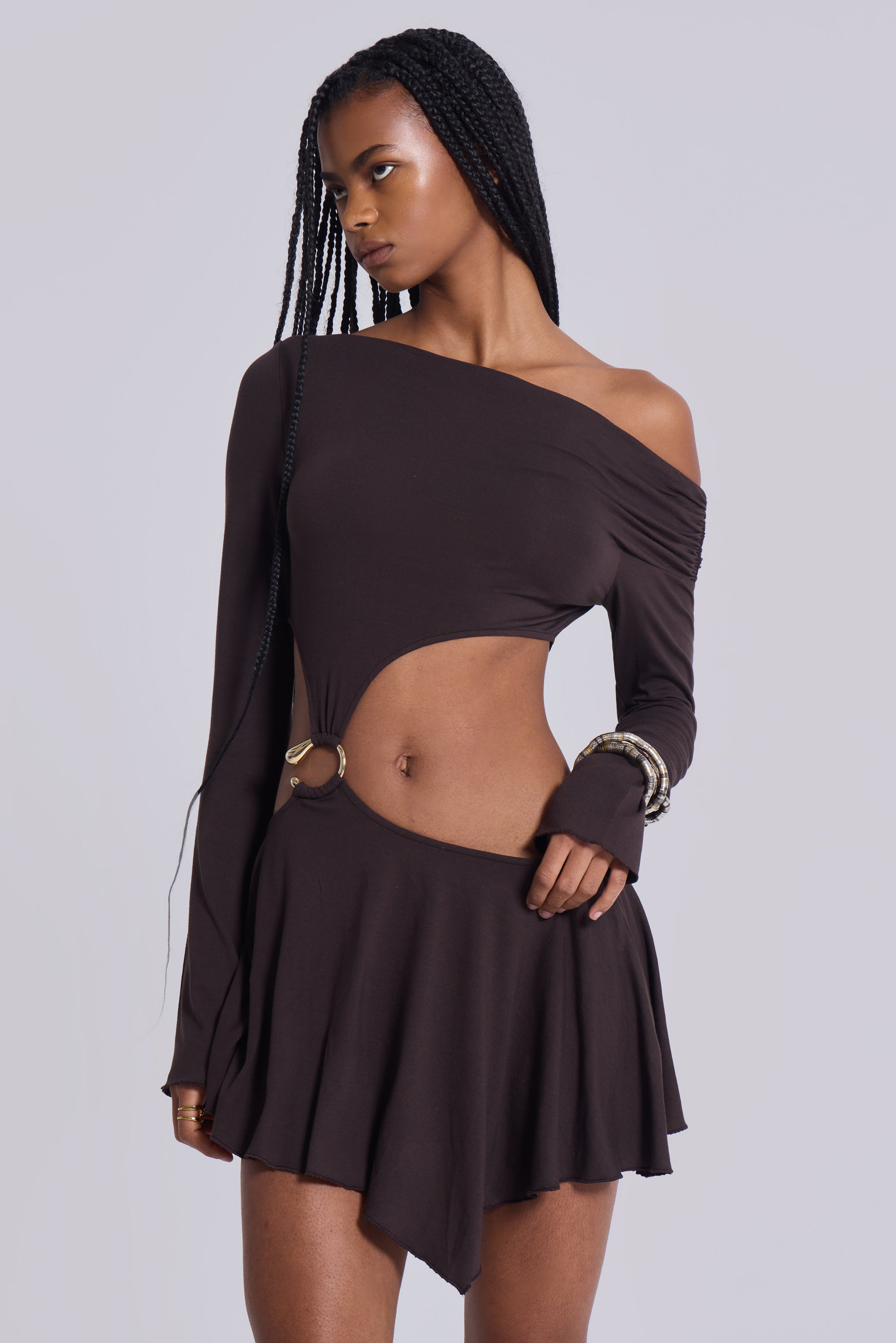 Dera Asymmetric Cut Out Mini Dress in Brown Dera Asymmetric Cut Out Mini Dress in Brown