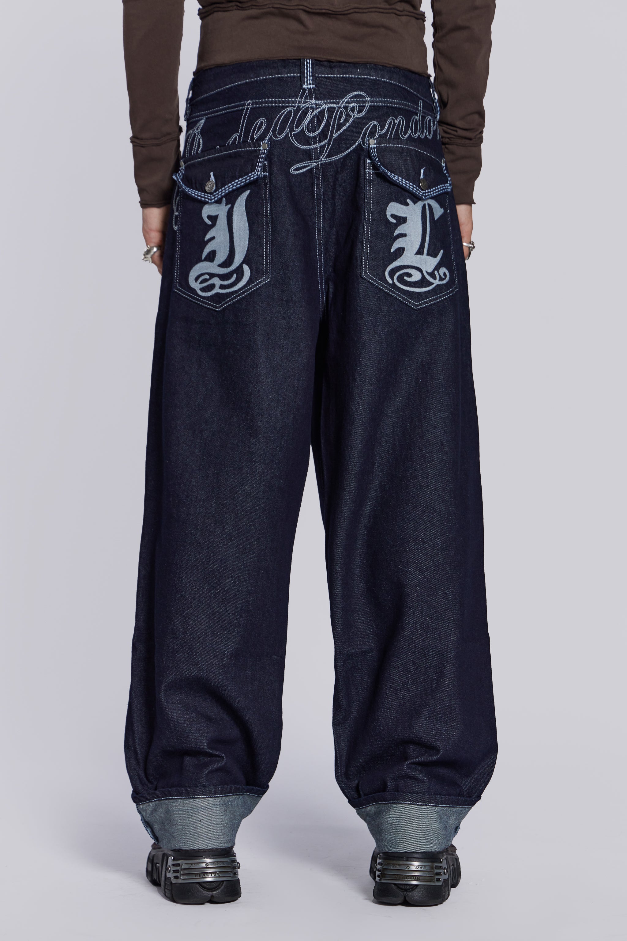Embroidered Loose Fit Turn Up Jeans
