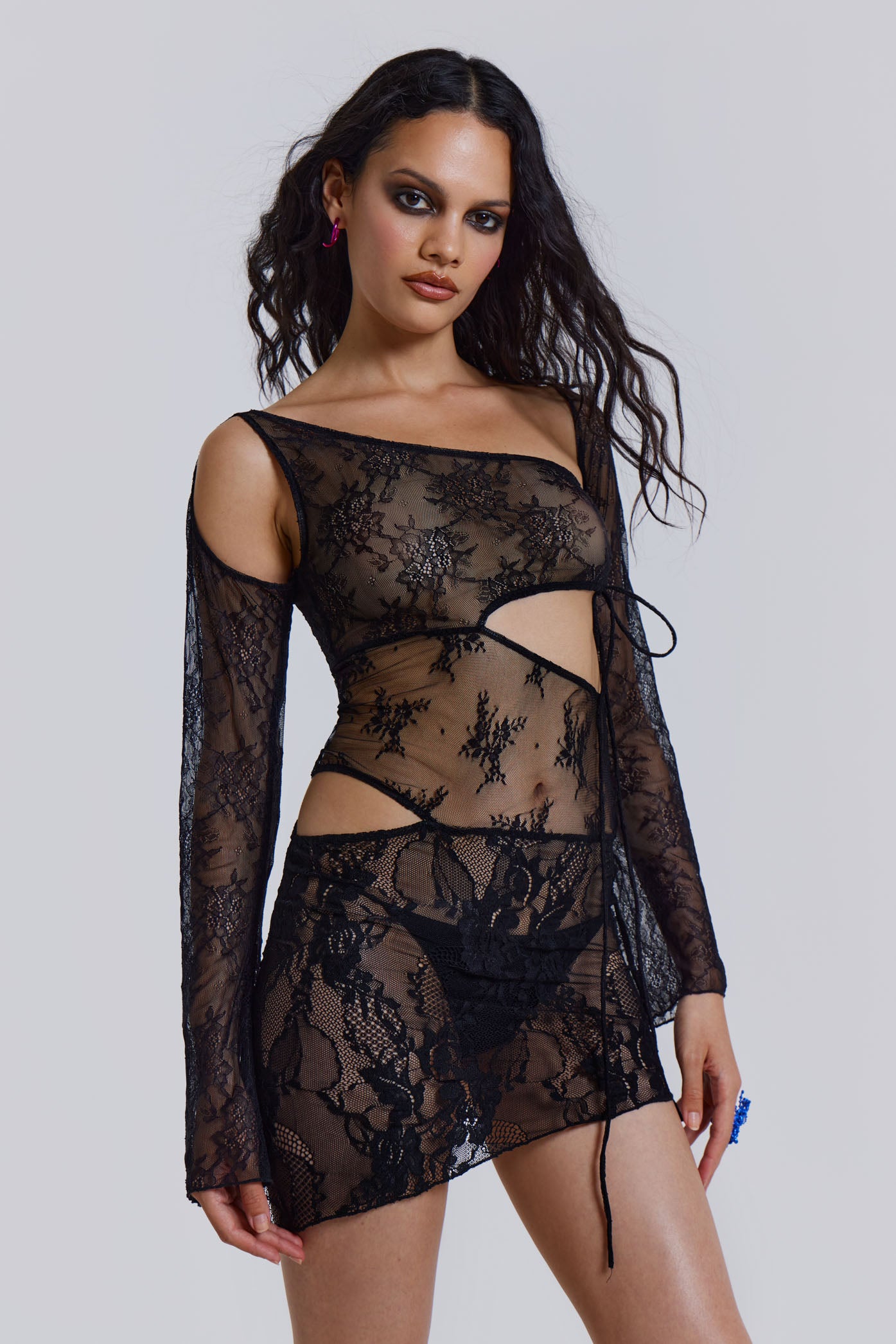 Siren Long Sleeve Mixed Lace Mini Dress With Slash Cut Out Detail