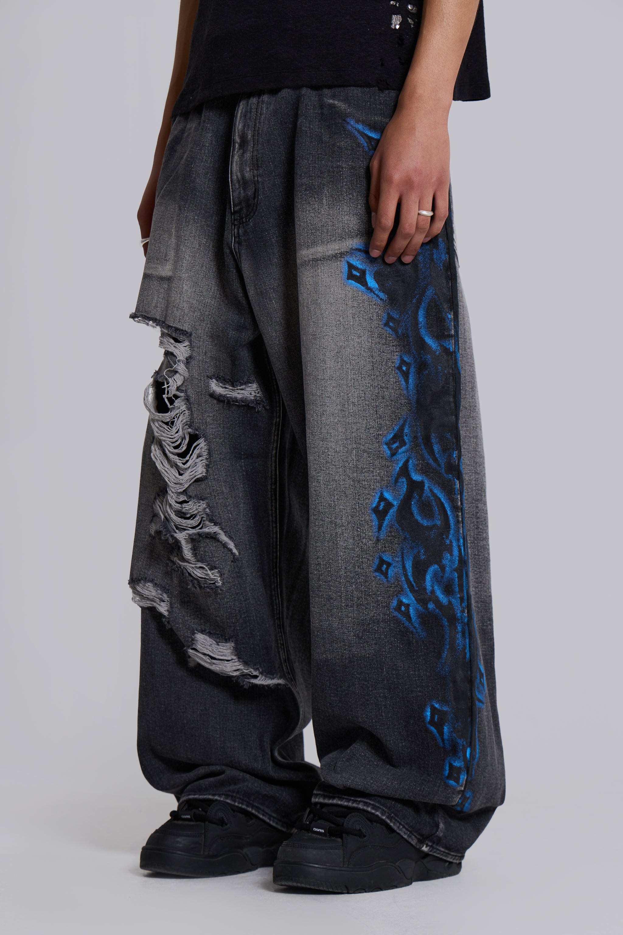 Black Spike Airbrush XL Ripped Colossus Jeans | Jaded London