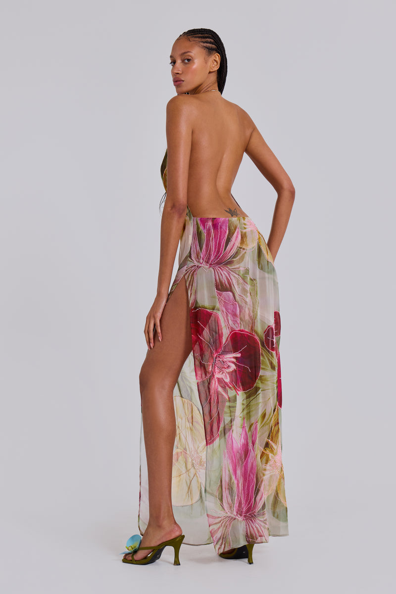 Dahlia Hand-Beaded Backless Chiffon Maxi Dress