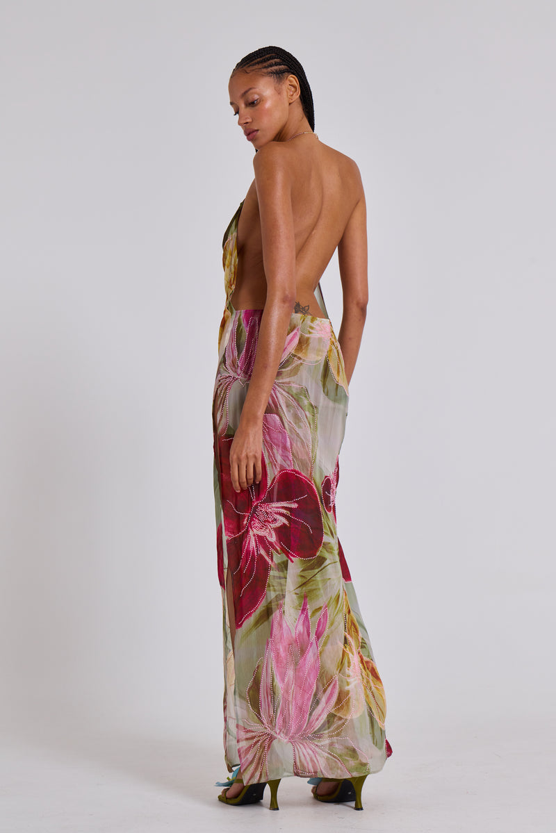 Dahlia Hand-Beaded Backless Chiffon Maxi Dress