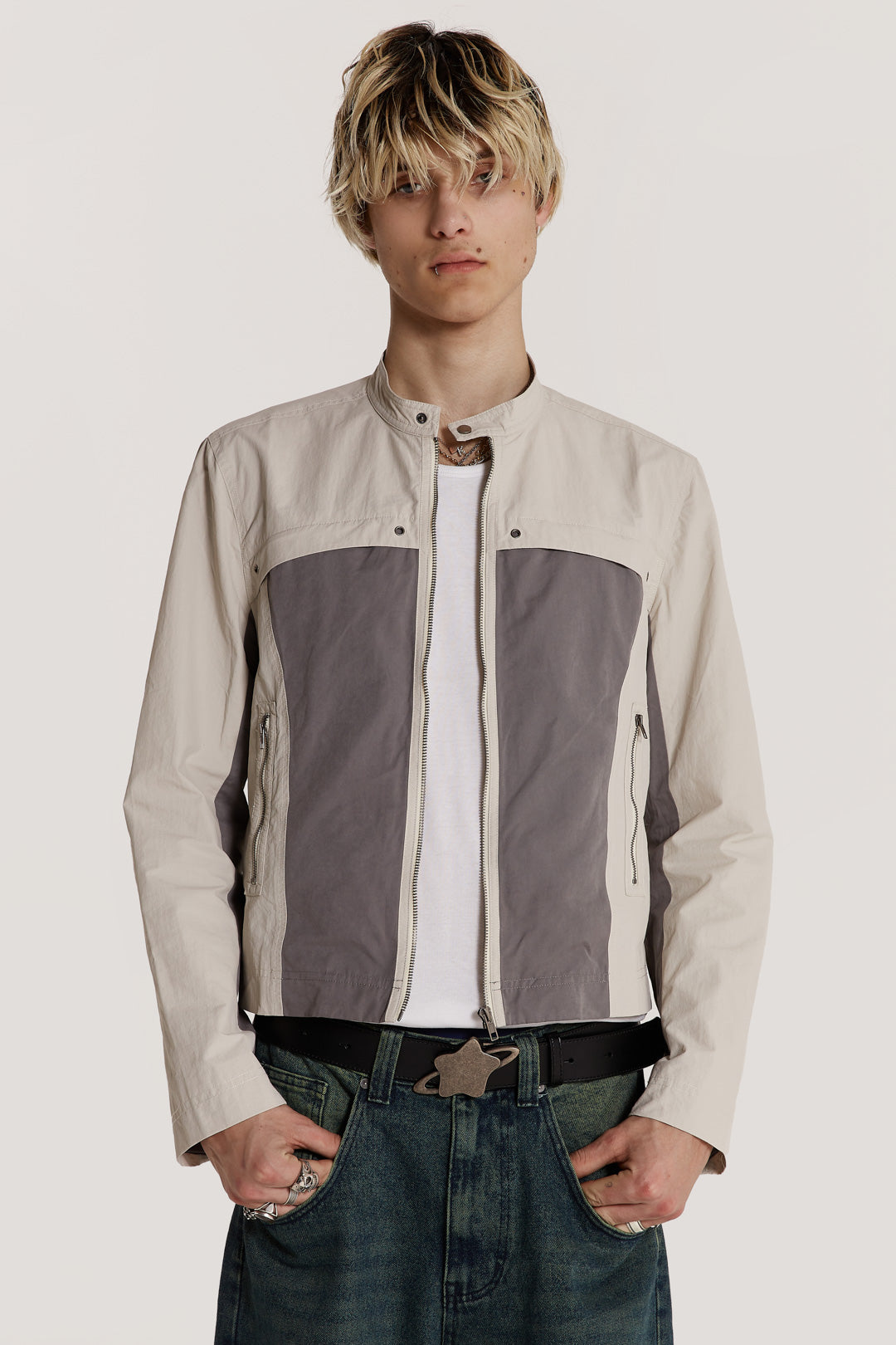 White & Grey Panelled Moto Jacket | Jaded London