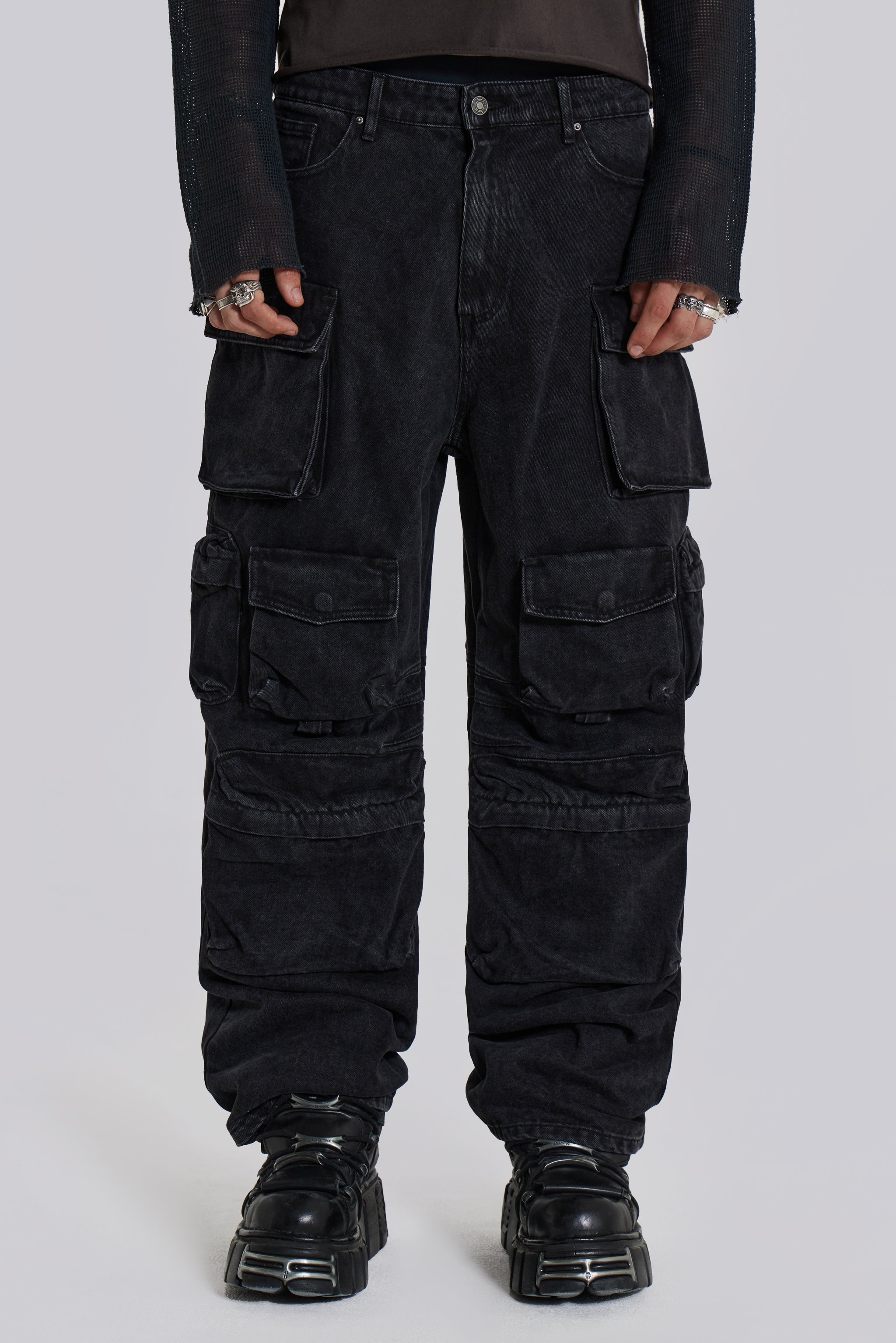 Washed vintage baggy cargo jeans - Gray / S