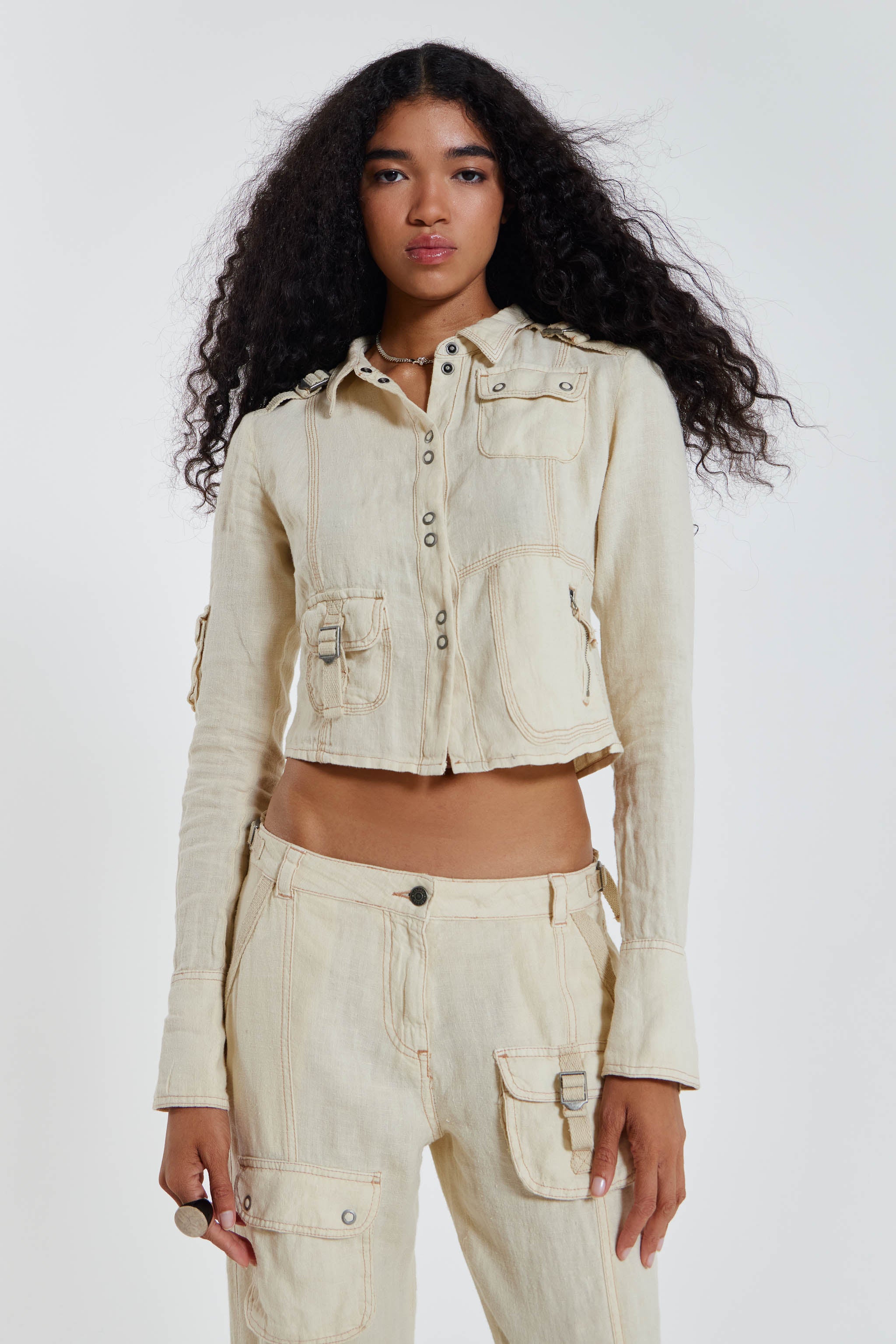 Y2K Ecru Linen Cargo Shirt | Jaded London