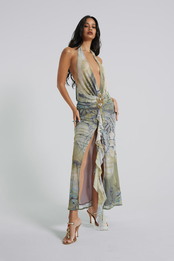 Cindy Plunge Maxi Dress In Green