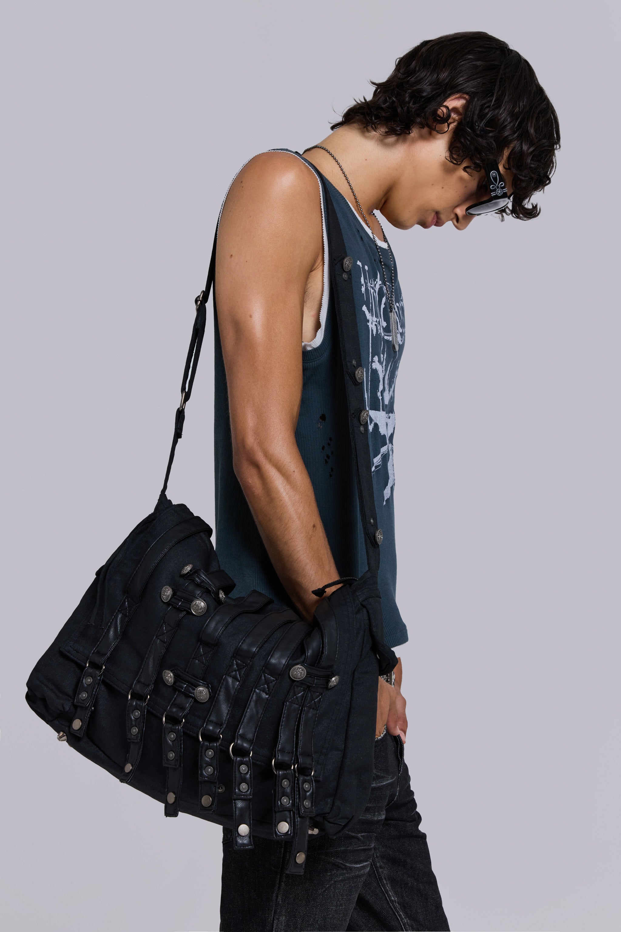 バッグ JADED LONDON Black Denim Messenger Bag Drummer Coated Denim Satchel Bag | Jaded London | Clothing