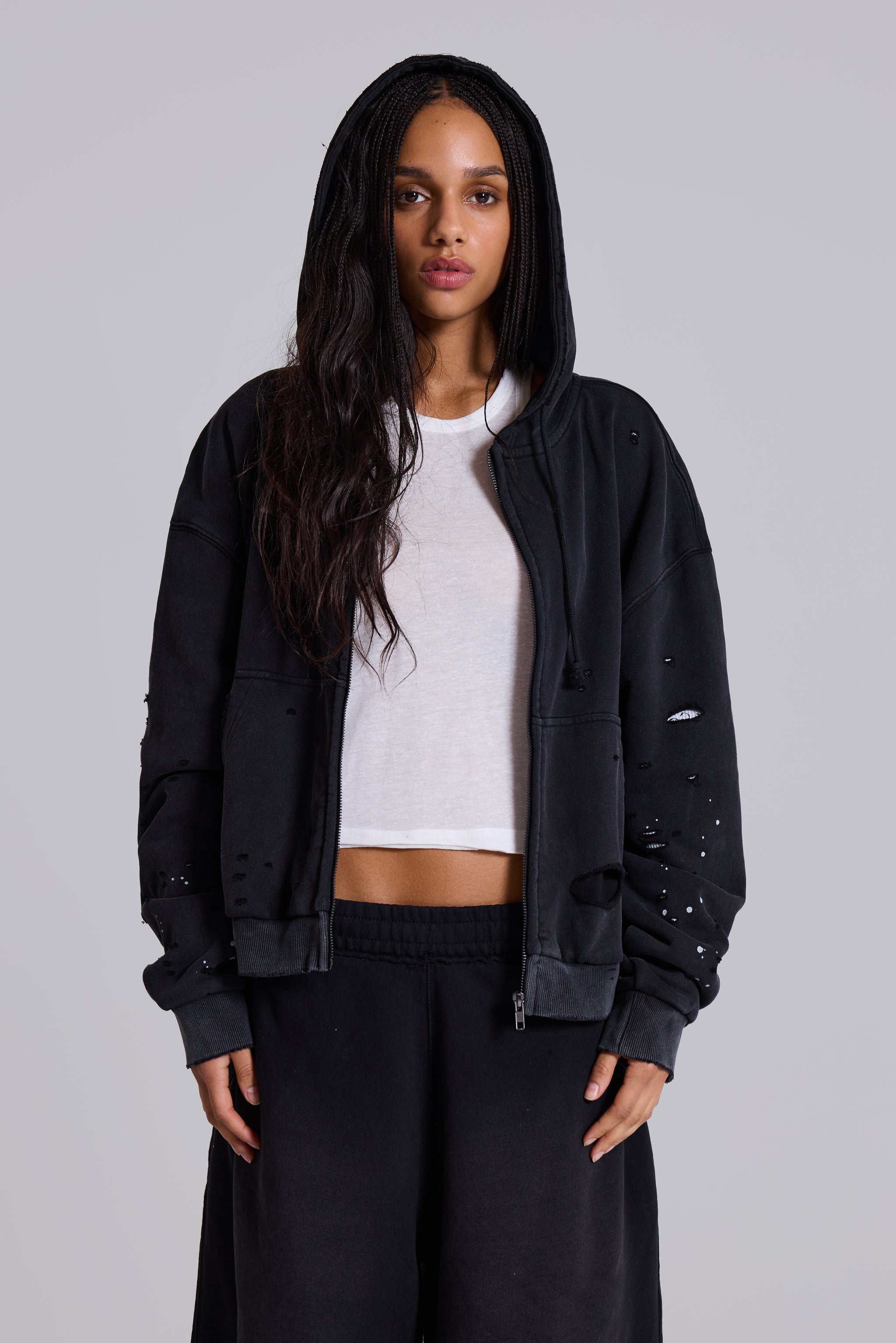 Washed Black Sun Faded Waffle Lined Zip Hoodie | Jaded London