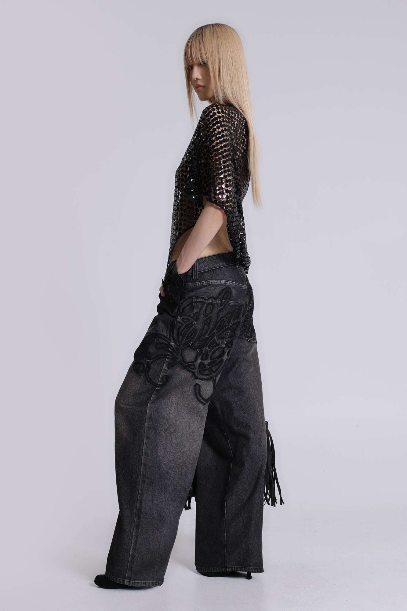 Black Raised Embroidery XL Colossus Jeans | Jaded London