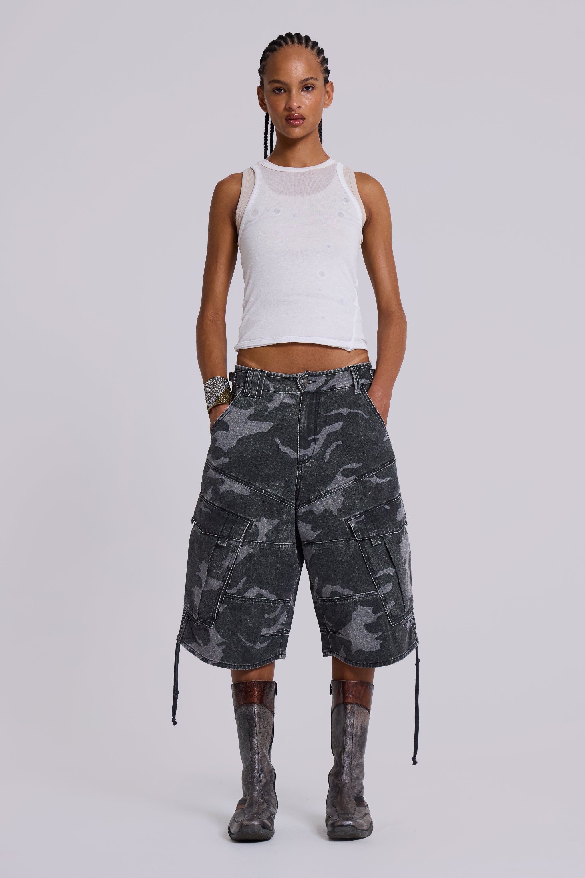 Washed Black Cadet Camo Baggy Shorts | Jaded London | Clothing