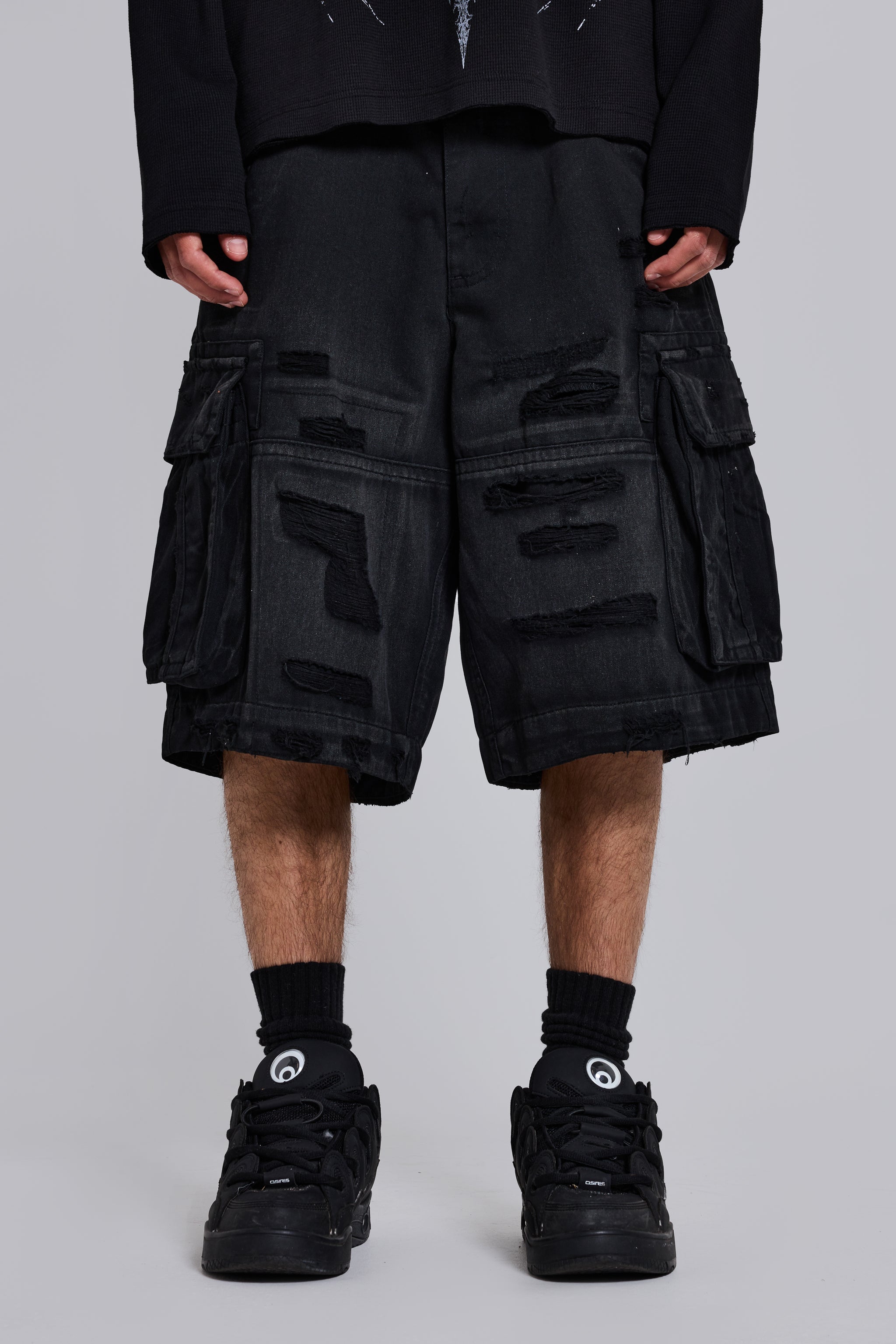Black Distressed Beach Cargo Shorts | Jaded London | Clothing