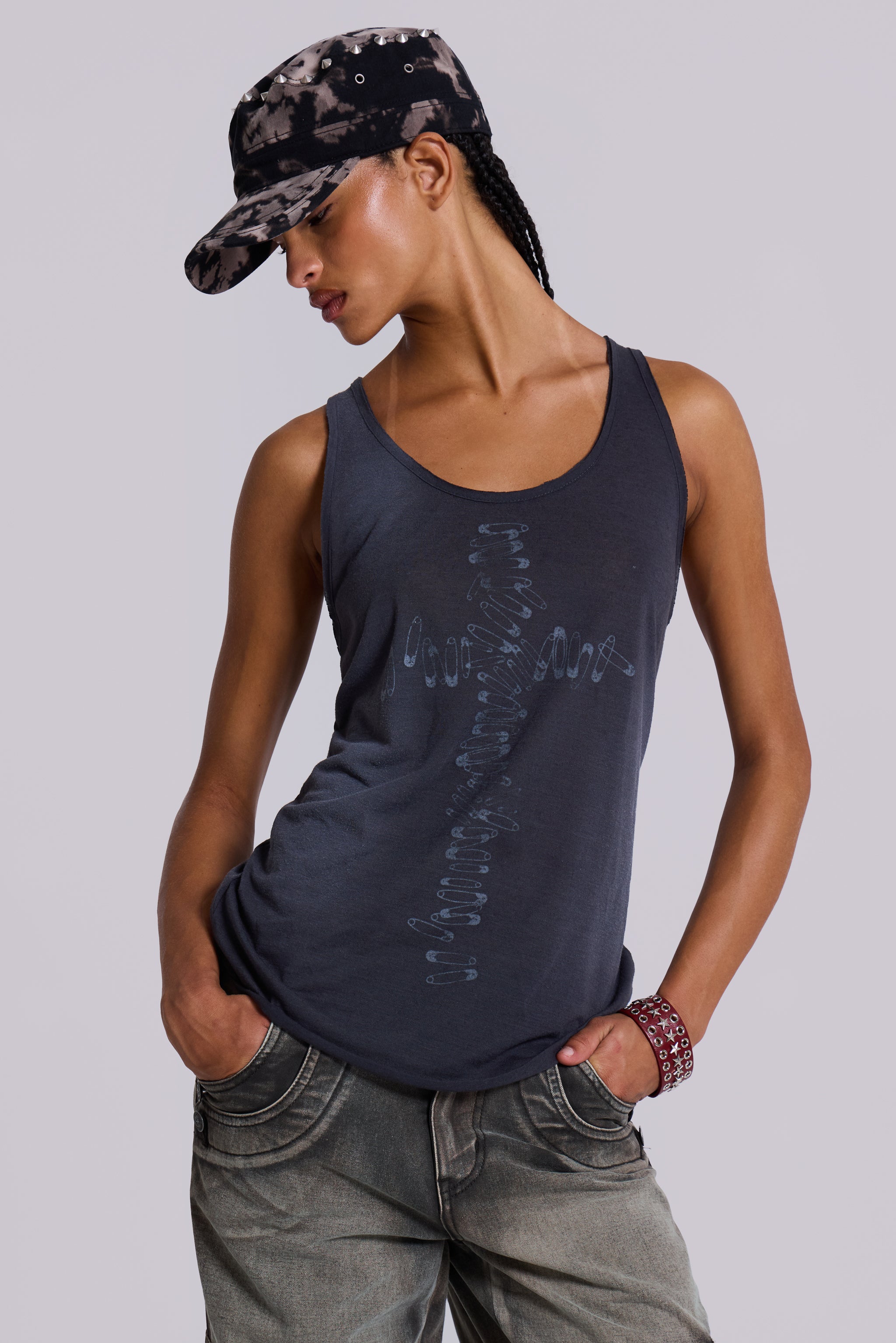 トップス JadedLondon Safety Pin Washed Black Tank Safety Pin Washed Black Tank | Jaded London | Clothing