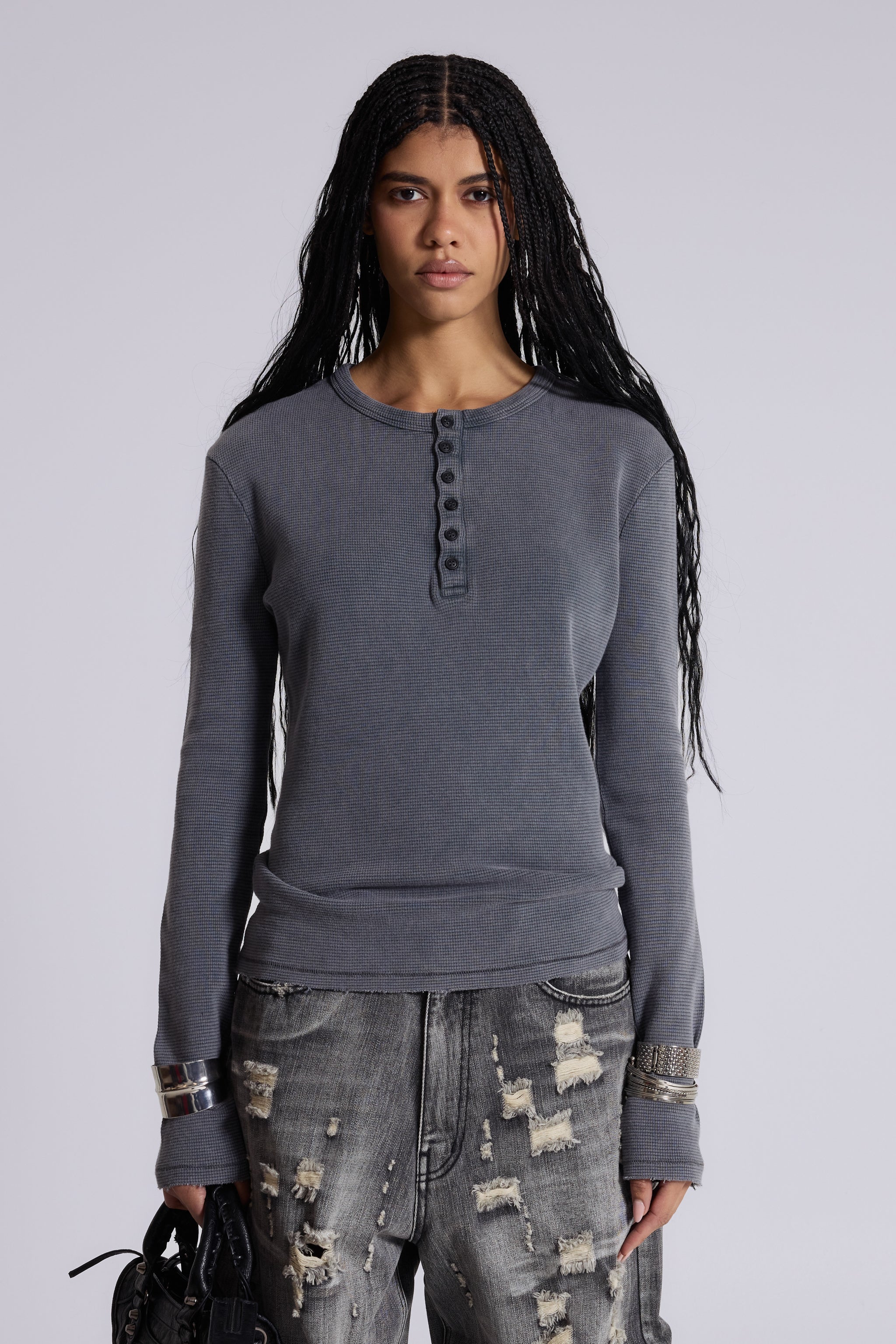 Charcoal Waffle Henley Top | Jaded London | Clothing