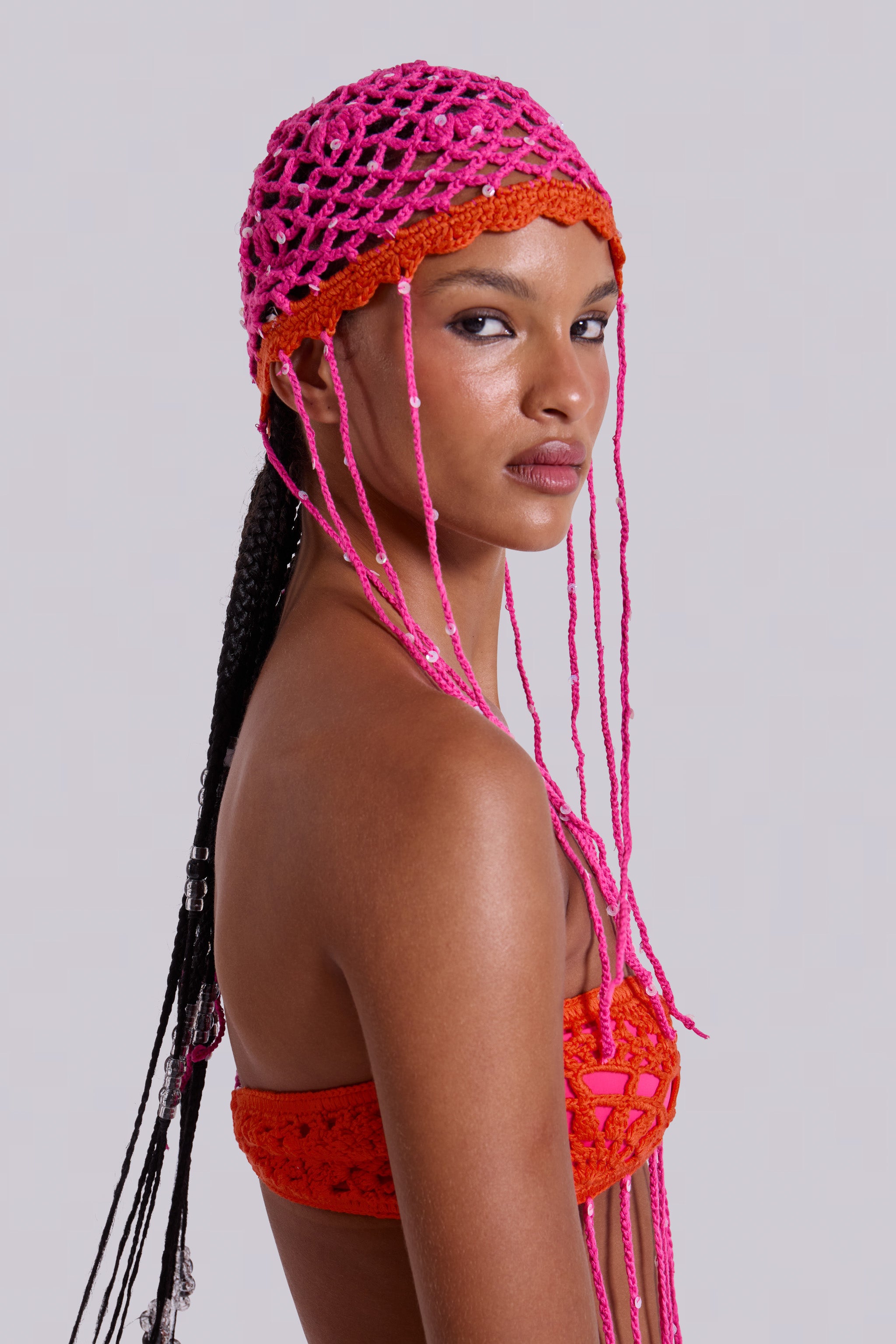 Perverze Scalloped Crochet Headdress 帽子 OVERRIDE PAPER CROCHET TILE TULIP | 58cm(58) PINK (15) | OVERRIDE