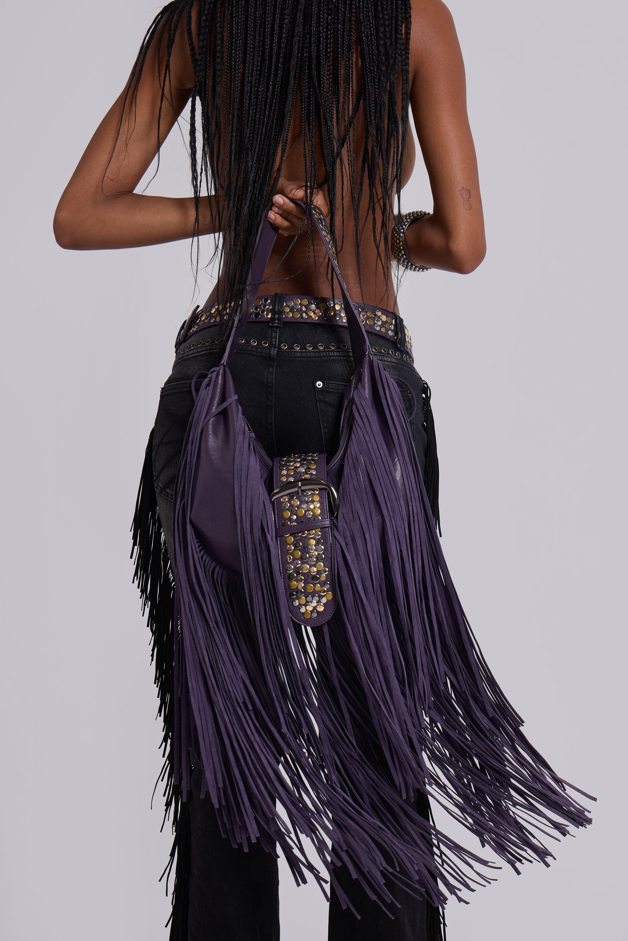 Amethyst Fringe Studded Shoulder Bag | Jaded London | Clothing