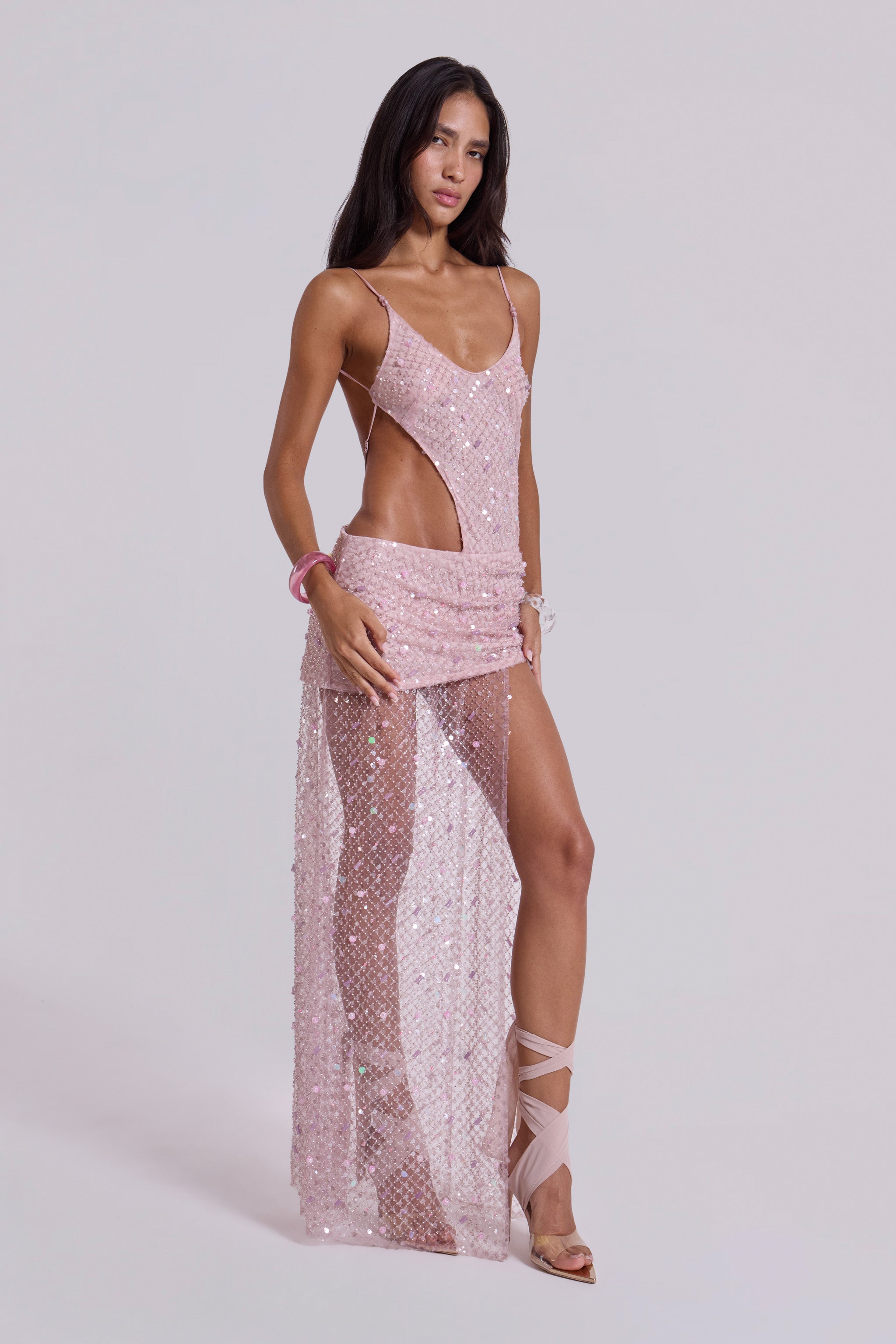 Stellar Asymmetric Hand Beaded Maxi Dress in Pink | Jaded London