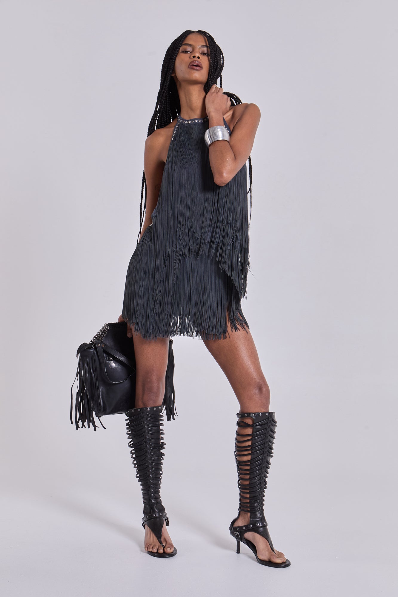 black mini dress with fringe Black Lace Fringe High Neck Mini Party Dress