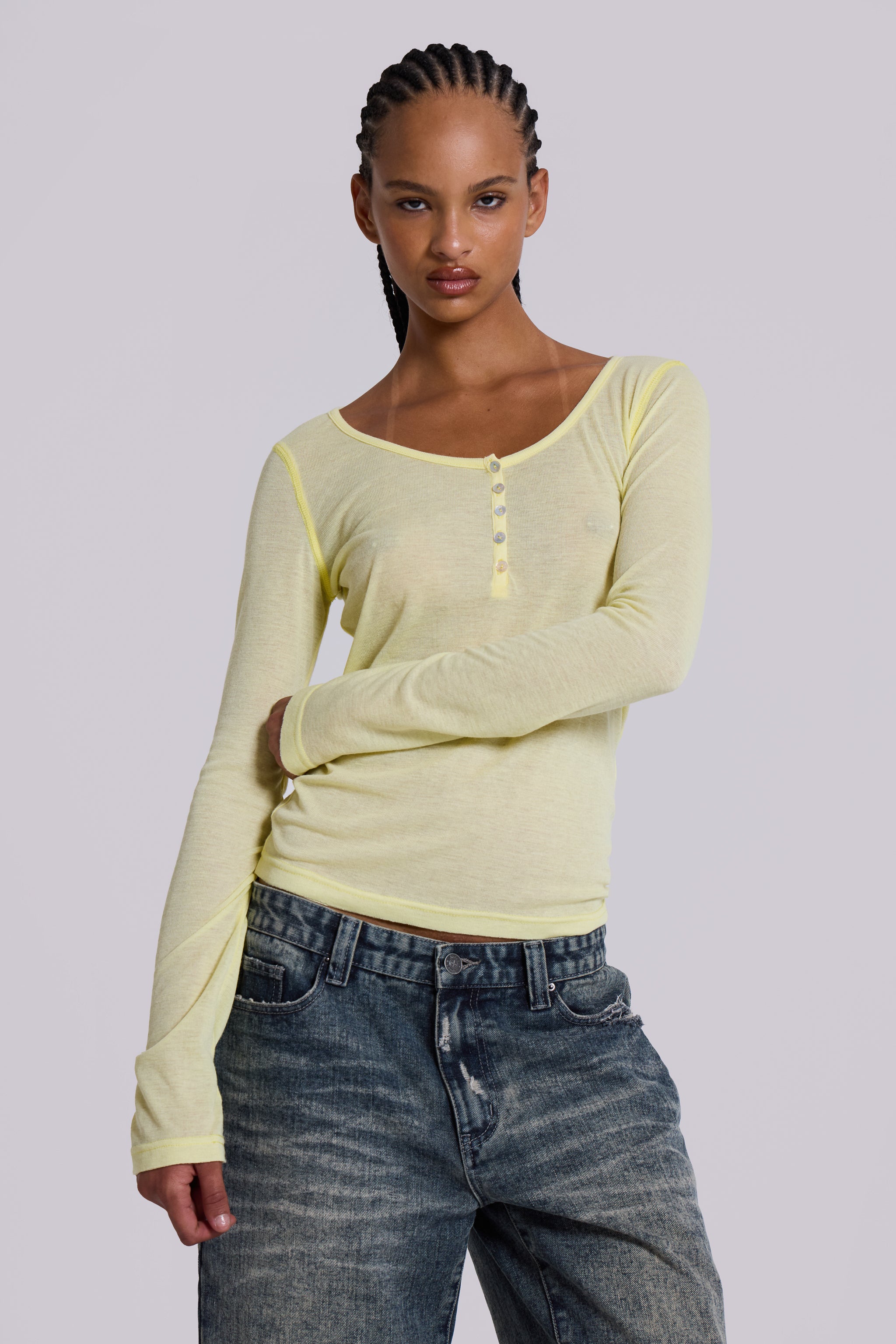 Sheer Henley Top in Buttercup | Jaded London | Clothing