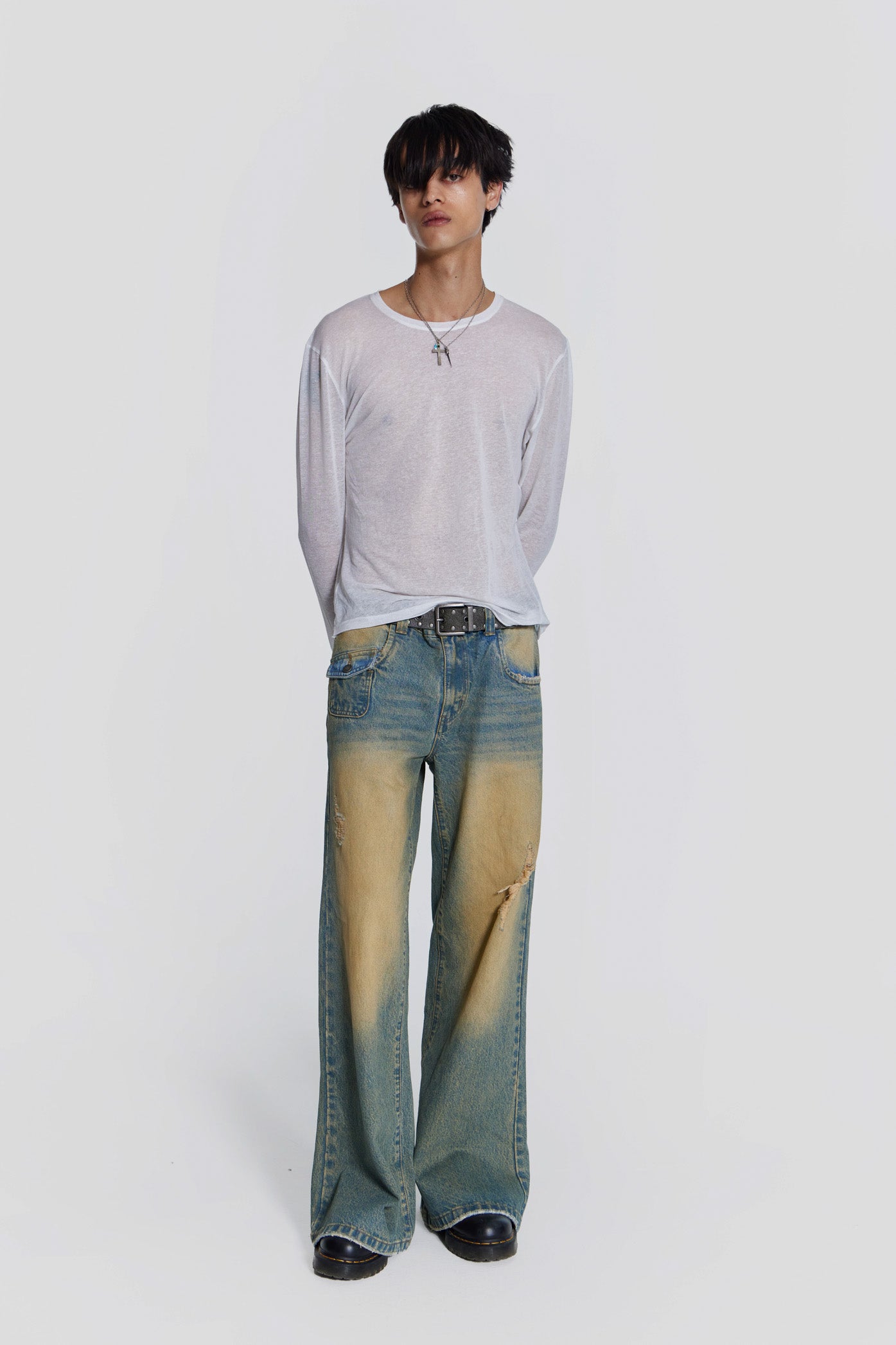 Washed Blue Panelled Straight Fit Jeans | Jaded London - W28 / Blue