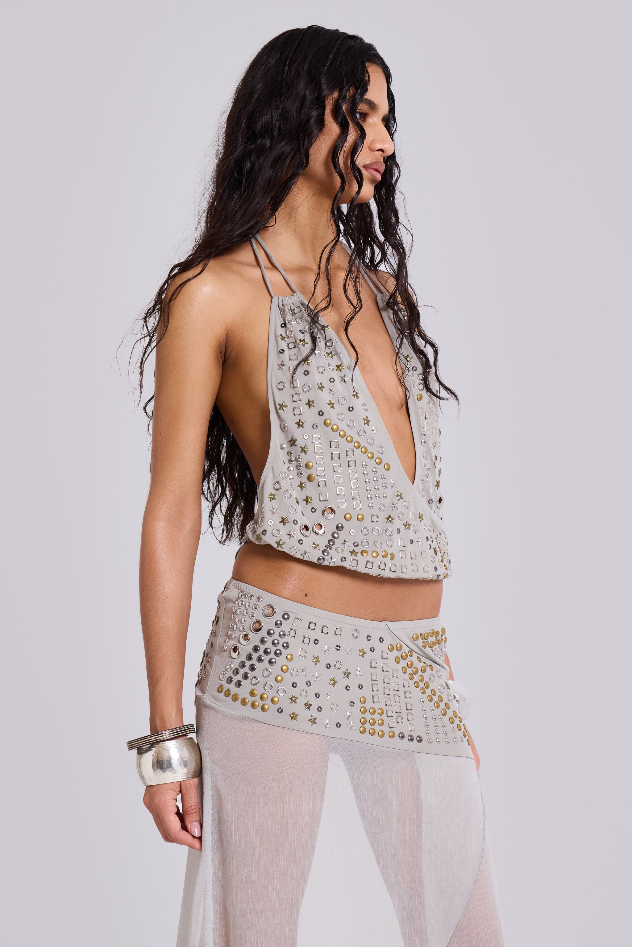 Xtal Studded Backless Plunge Top | Jaded London | Lucia