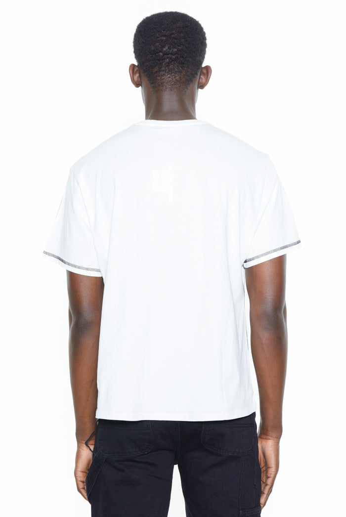 White t-shirt with black and white 'tainted youth' printed graphic.