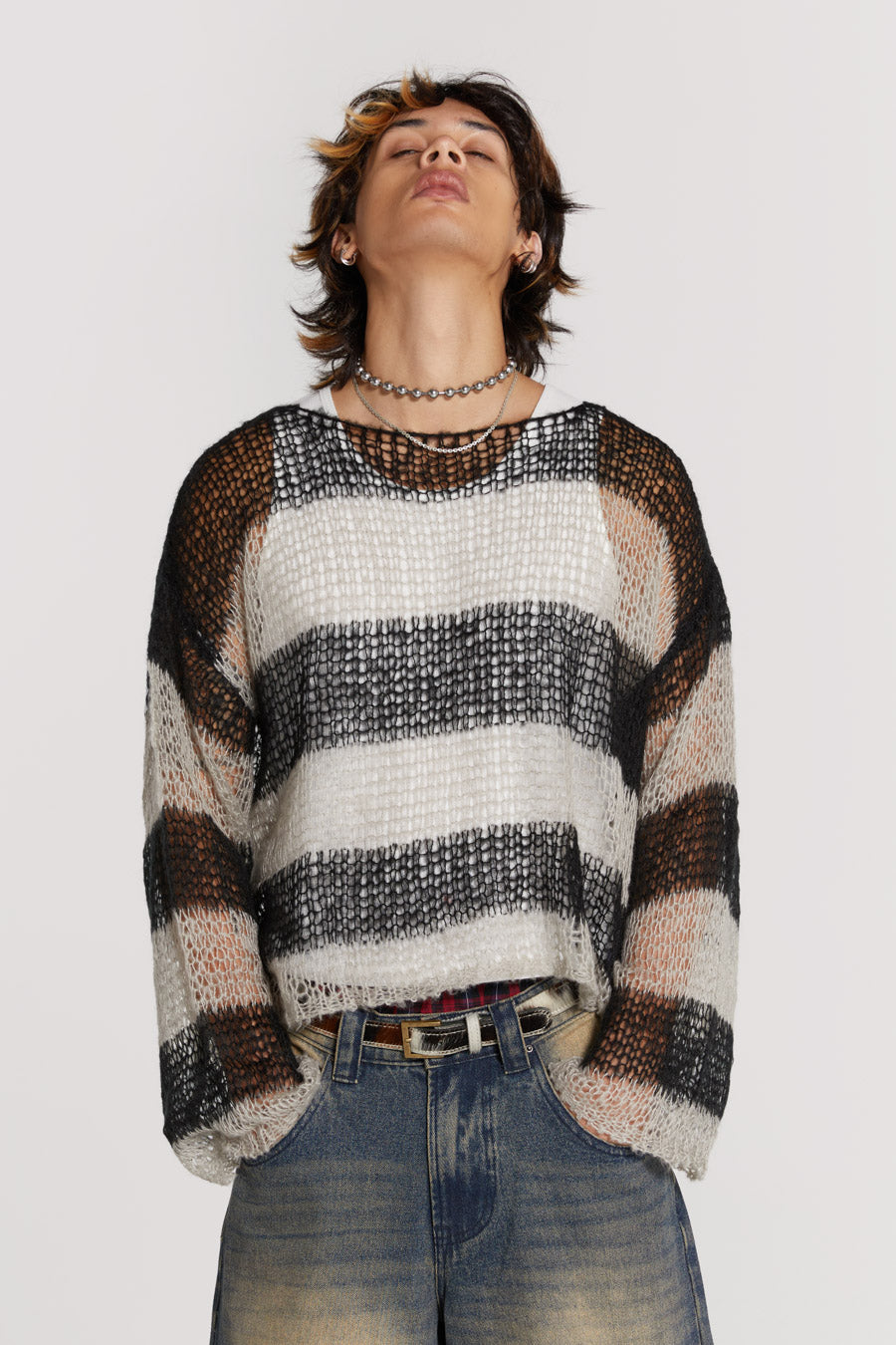 Grey & Black Striped Loose Knit Jumper | Jaded London