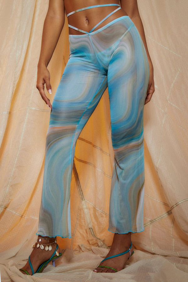 Marble Print Low Rise Flared Leg Beach Trousers