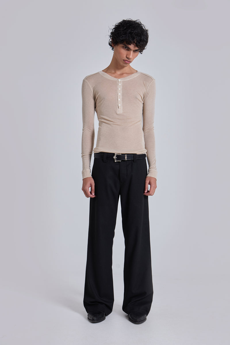 Black Pinstripe Stacked Straight Suit Pants