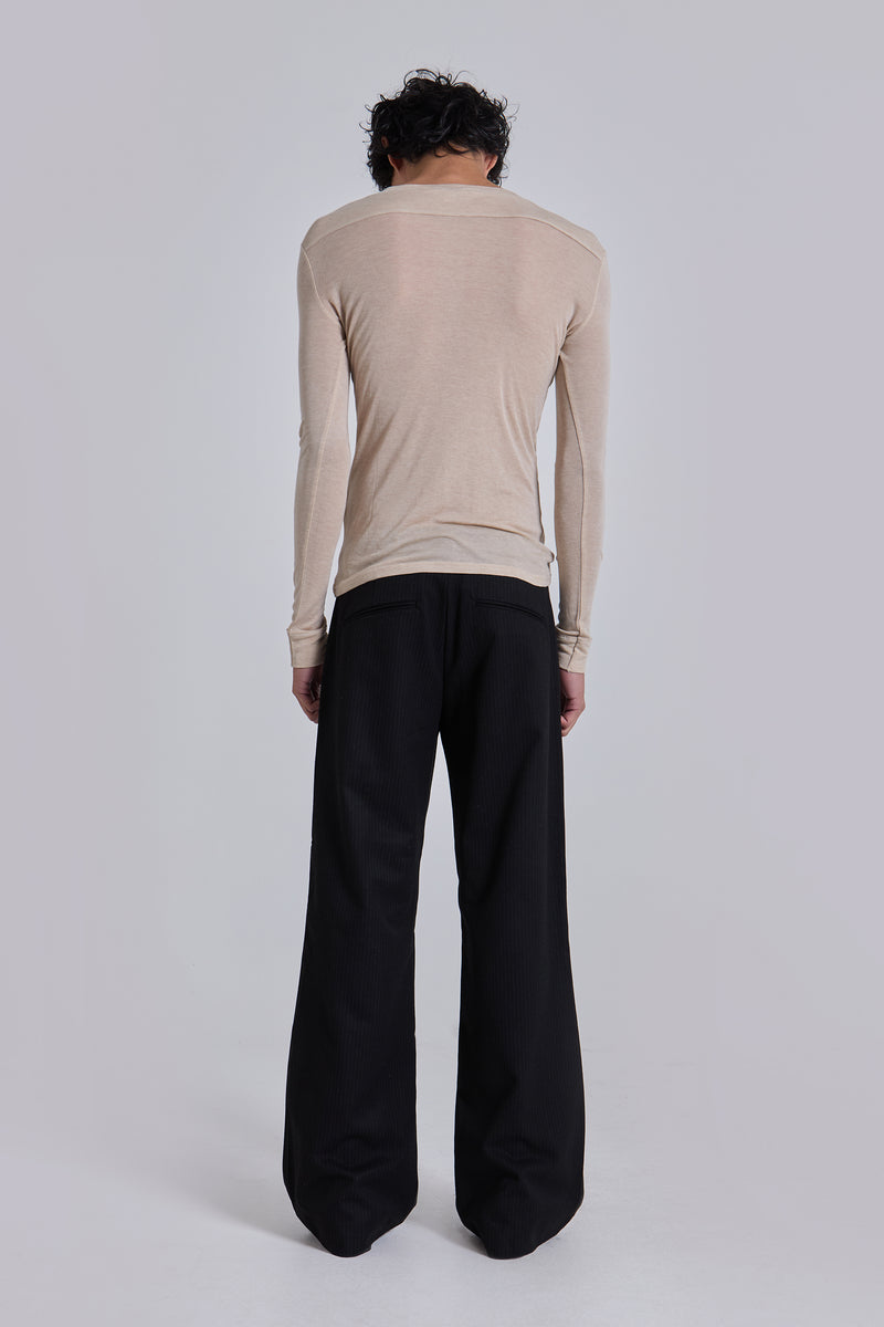 Black Pinstripe Stacked Straight Suit Pants