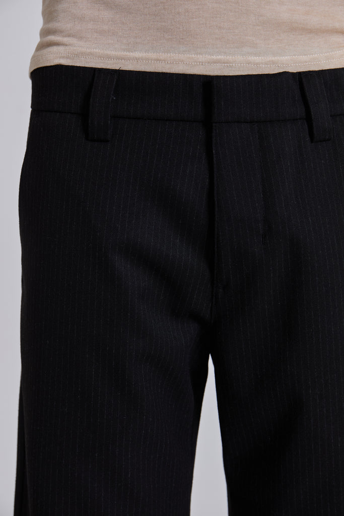 Black Pinstripe Stacked Straight Suit Pants