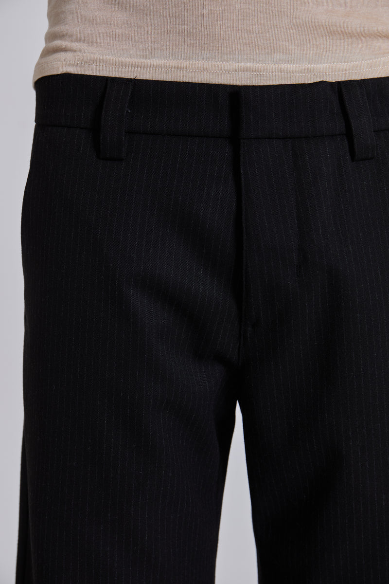 Black Pinstripe Stacked Straight Suit Pants