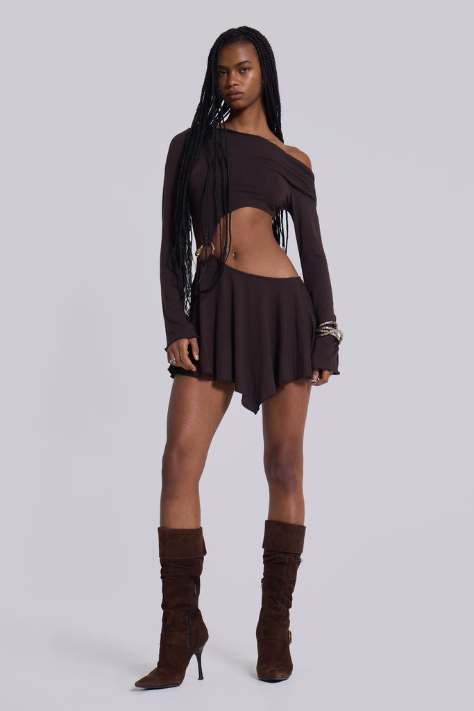 Dera Asymmetric Cut Out Mini Dress in Brown