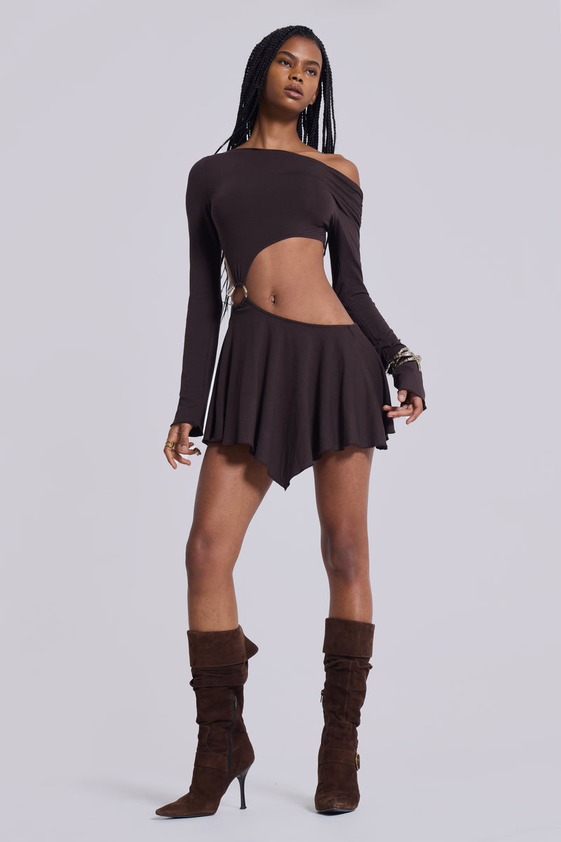 Dera Asymmetric Cut Out Mini Dress in Brown