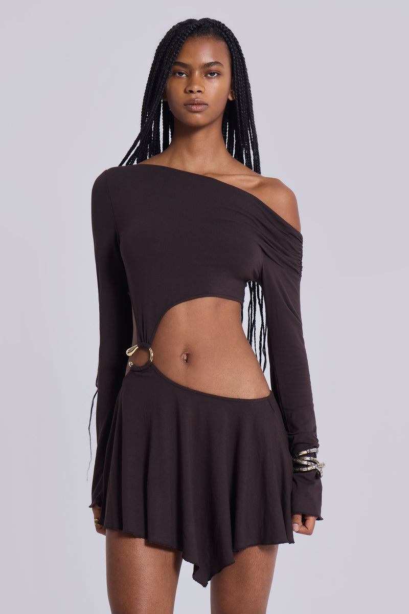 Dera Asymmetric Cut Out Mini Dress in Brown | Jaded London | Clothing Dera Asymmetric Cut Out Mini Dress in Brown | Jaded London | Clothing