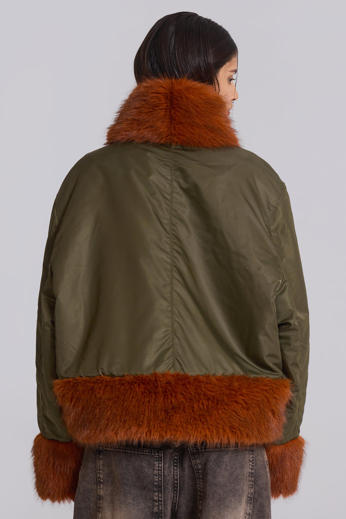 Evren Faux Fur Bomber Jacket in Khaki