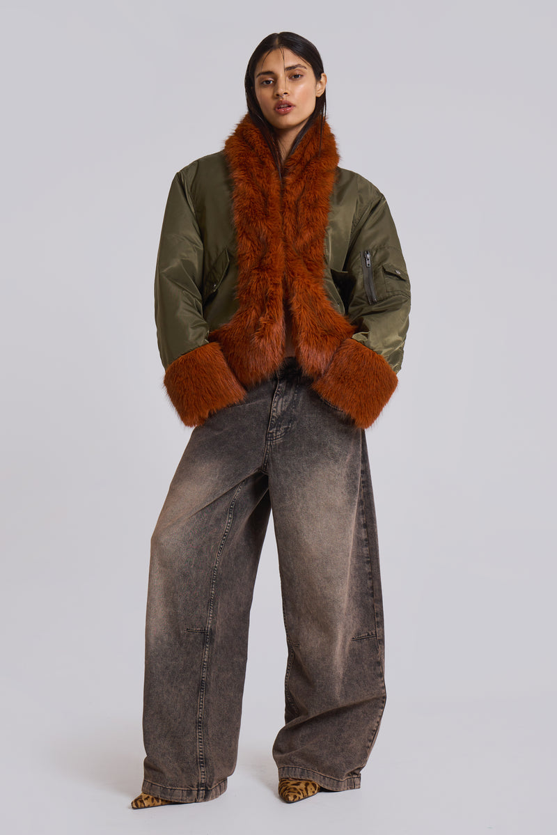 Evren Faux Fur Bomber Jacket in Khaki