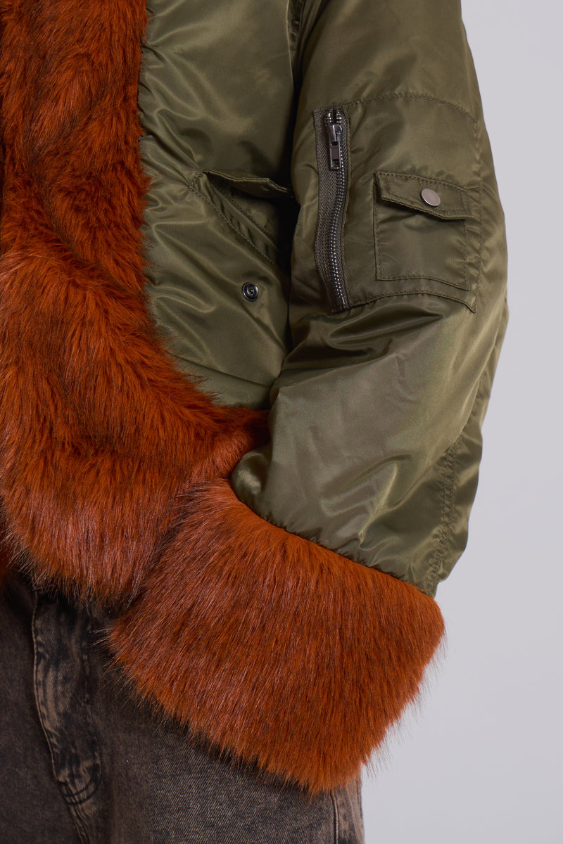 Evren Faux Fur Bomber Jacket in Khaki