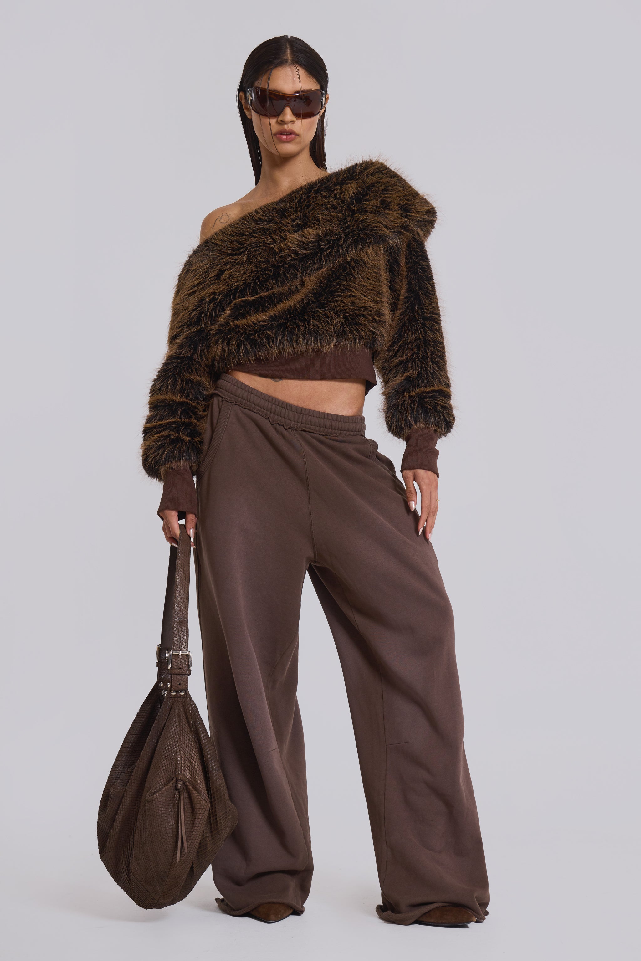 316 Off The Shoulder Fur Jumper in Brown