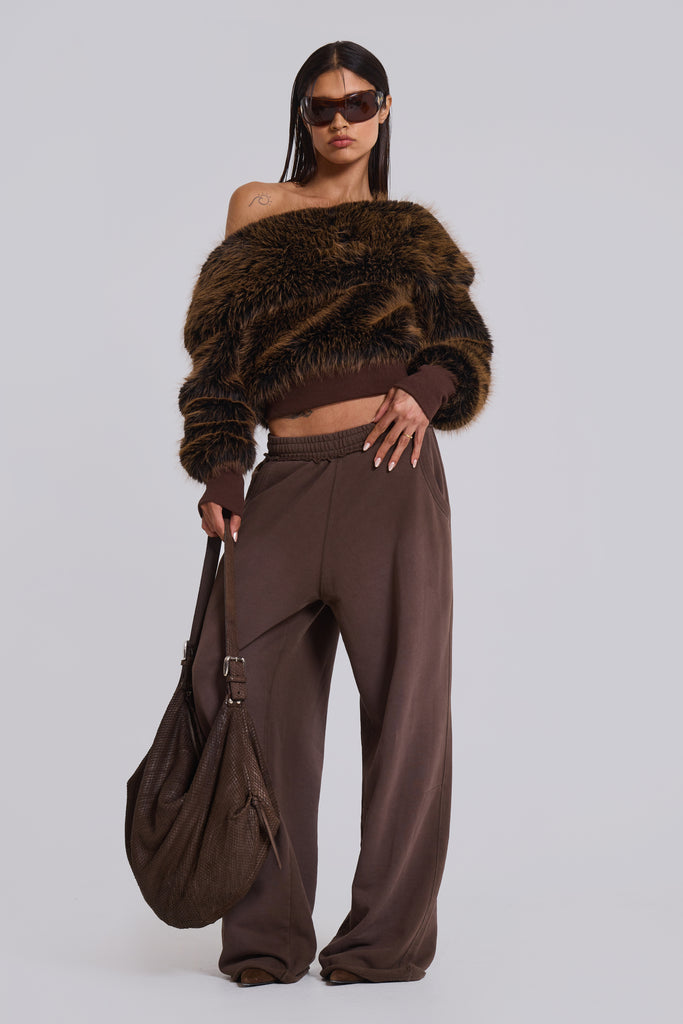 316 Off The Shoulder Fur Jumper in Brown