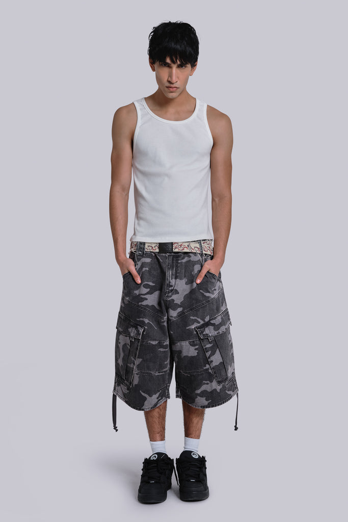 Washed Black Cadet Camo Baggy Shorts