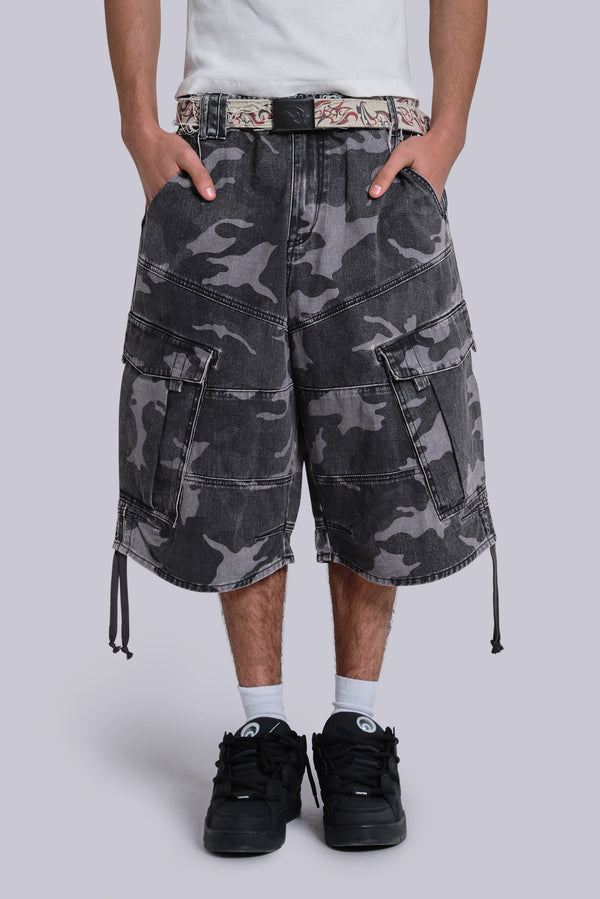 Washed Black Cadet Camo Baggy Shorts