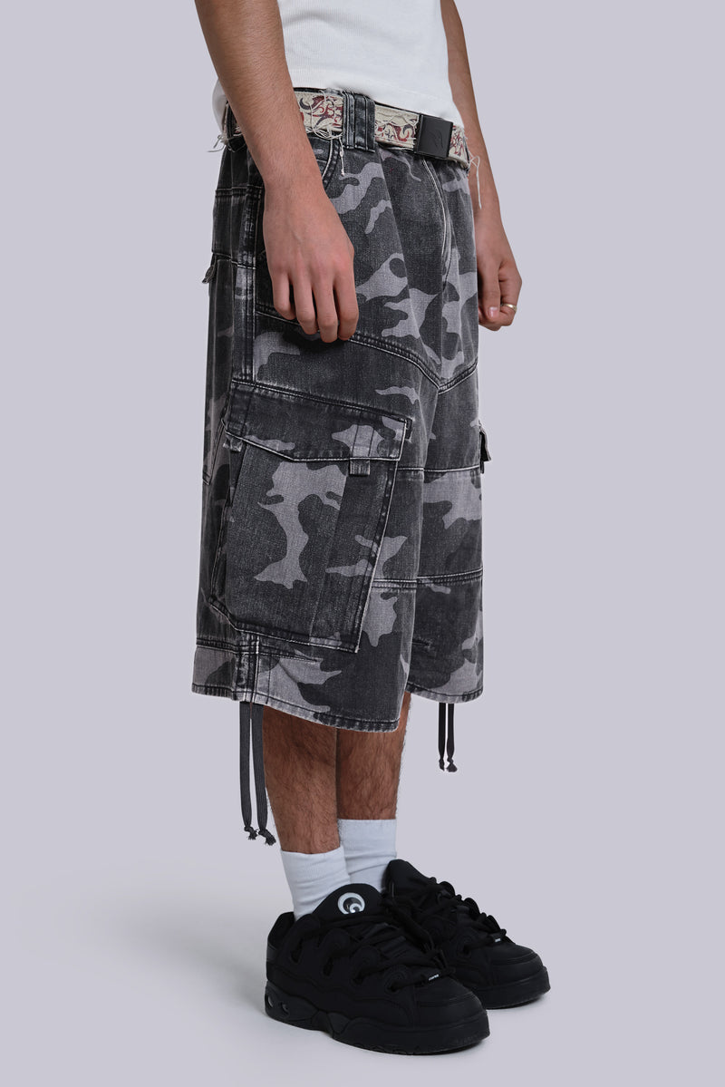 Washed Black Cadet Camo Baggy Shorts