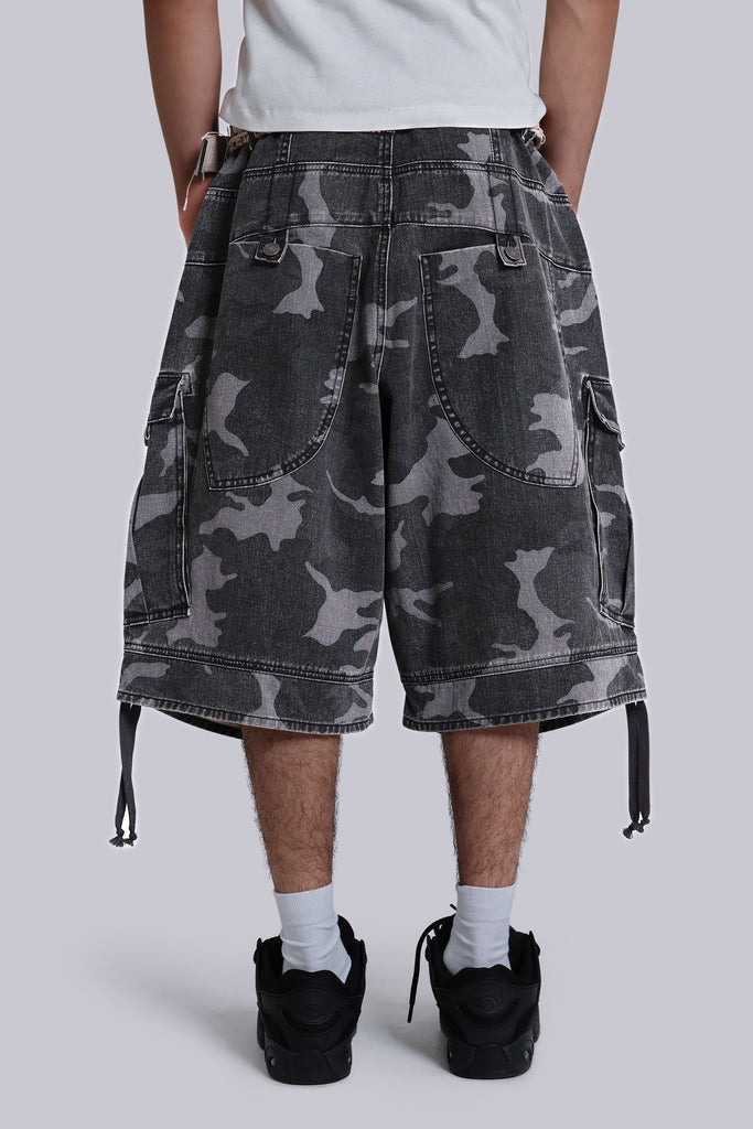 Washed Black Cadet Camo Baggy Shorts