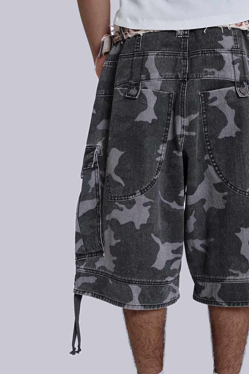 Washed Black Cadet Camo Baggy Shorts