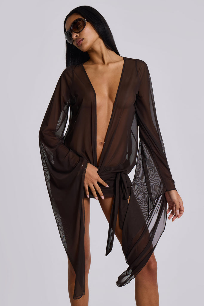 Aria Mesh Plunge Mini Dress in Brown