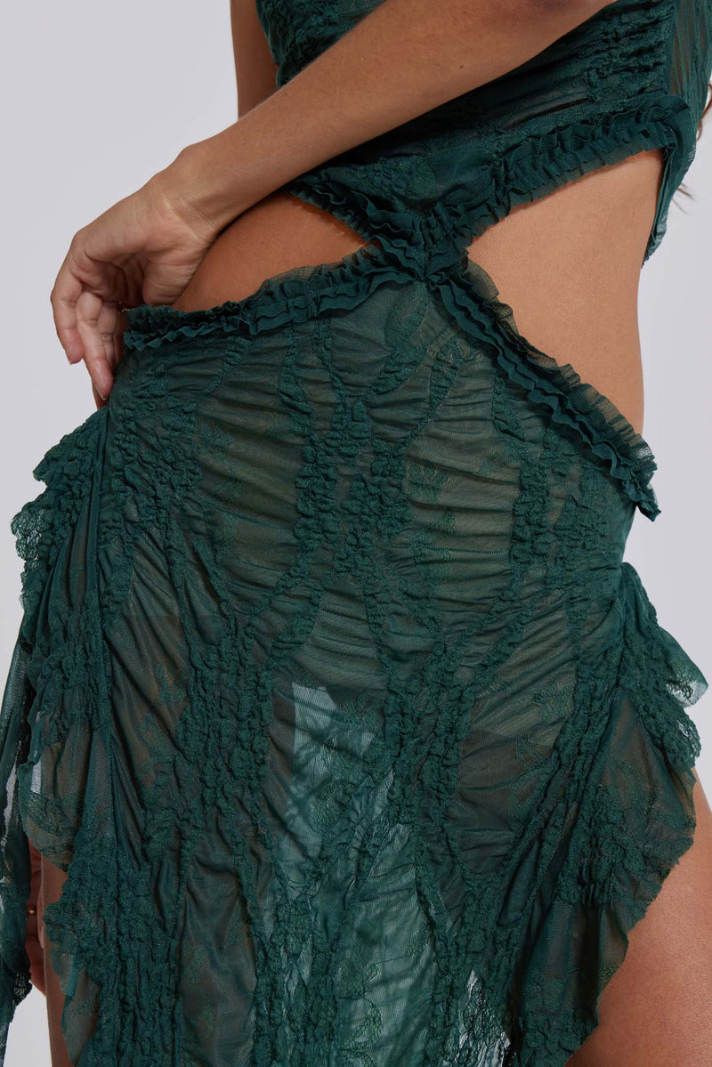 Gaia Scrunch Lace Midi Dress in Forest Green