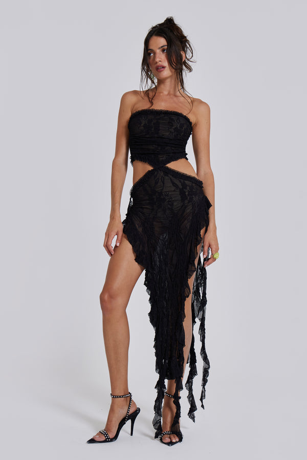 Gaia Scrunch Lace Midi Dress in Black