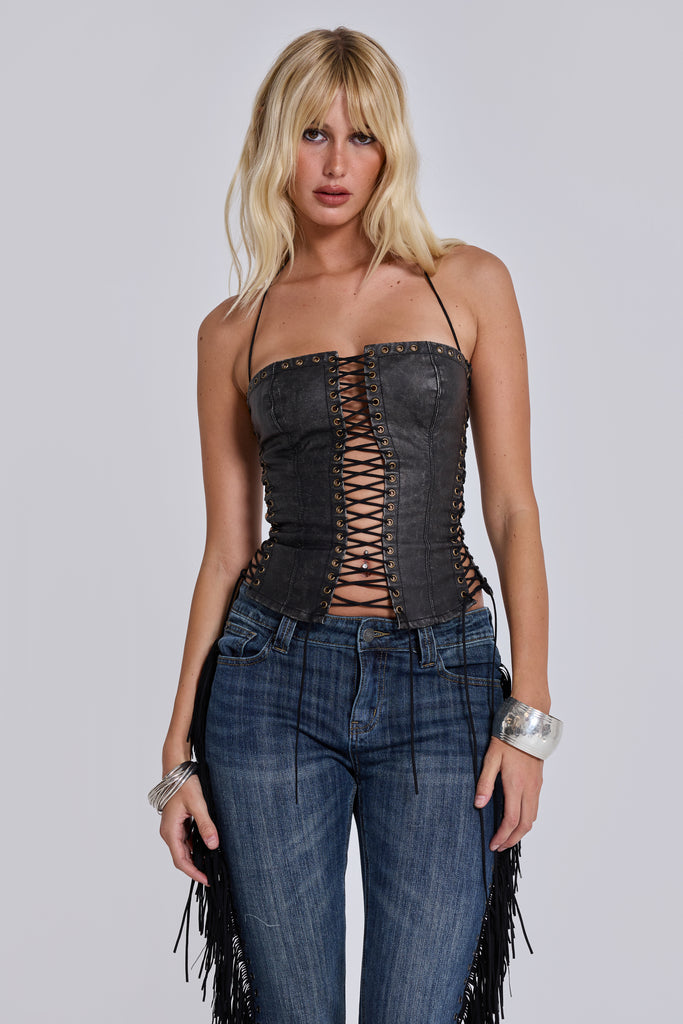 Odile Black Faux Leather Lace Up Corset