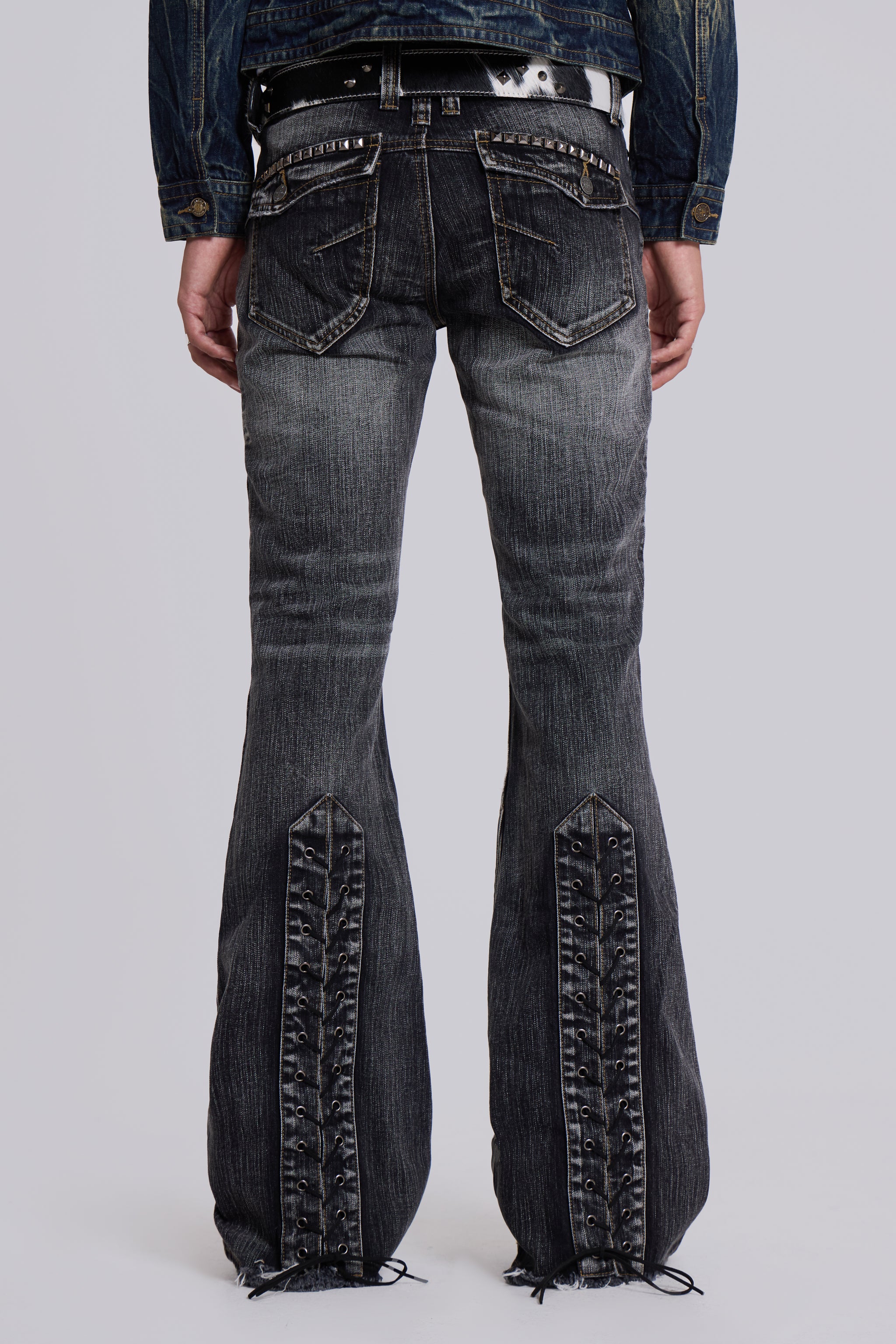 Washed Black Laced Bootcut Jeans