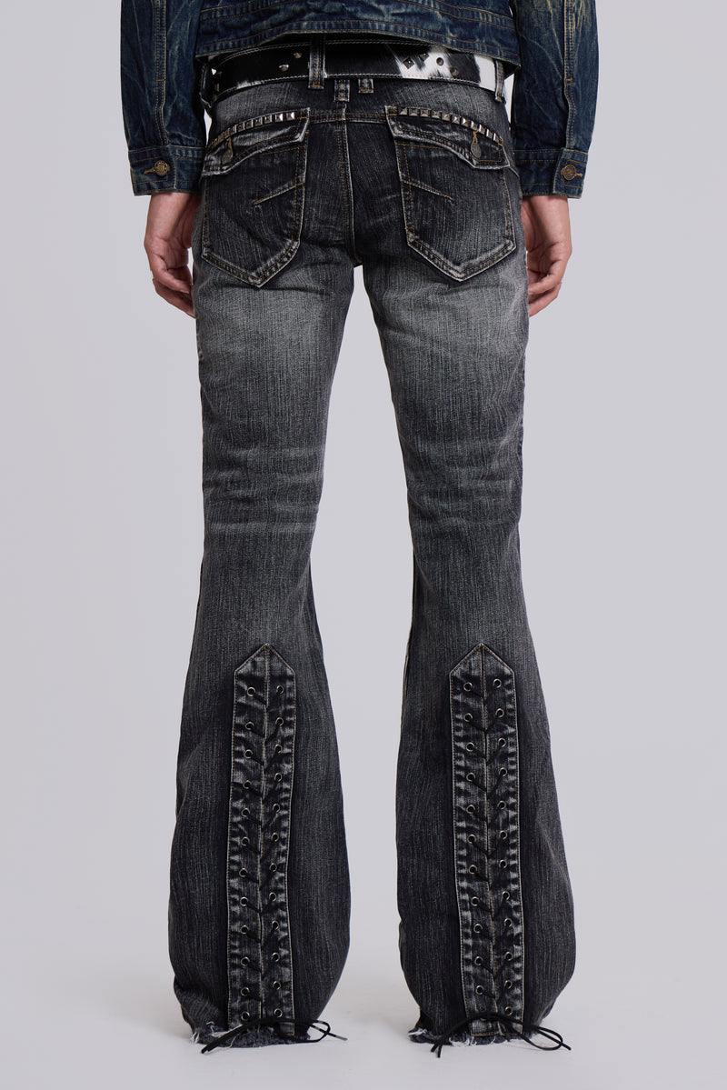 Washed Black Laced Flared Jeans